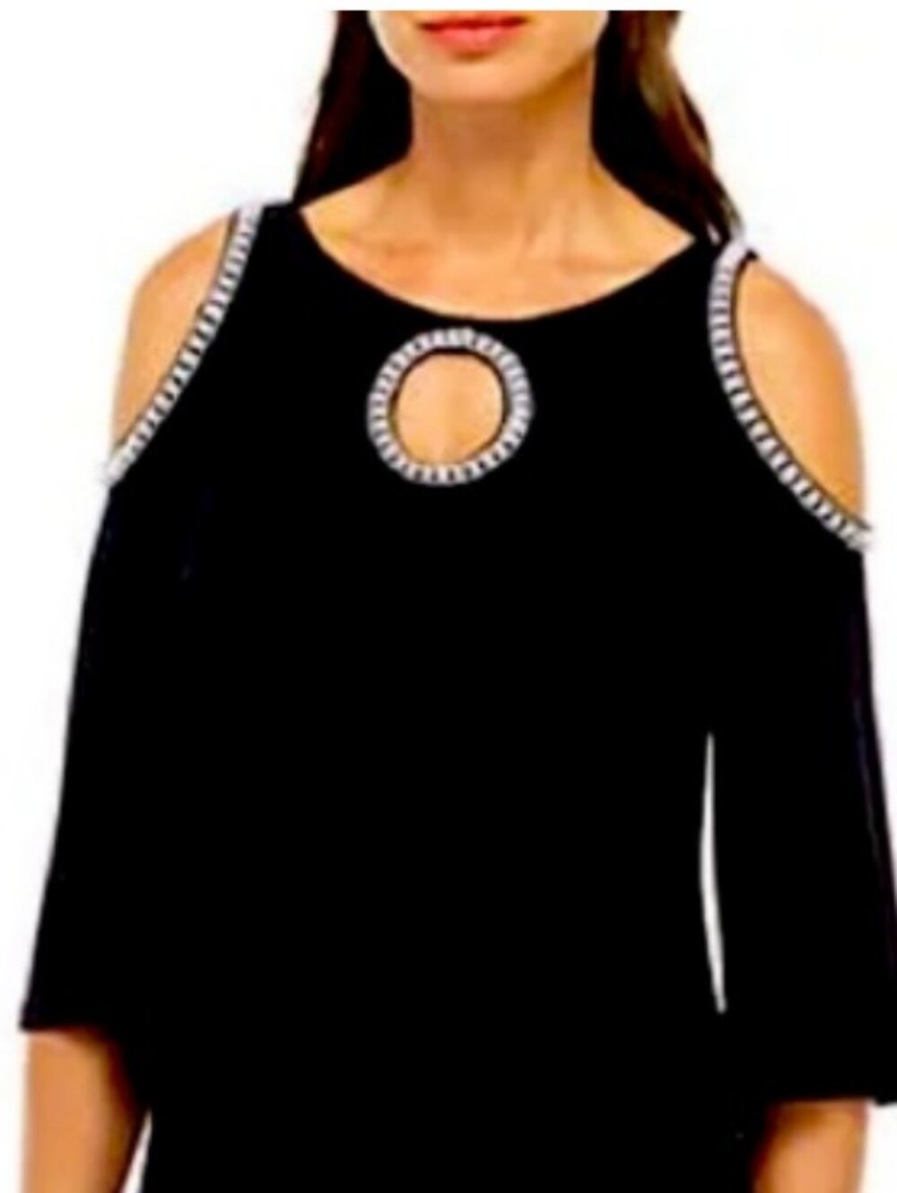 MSK Navy Jewel-Trim Cold-Shoulder Top With Cut Out And 3/4 Flowy Sleeves